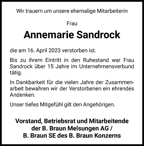 Todesanzeige von Annemarie Sandrock von HNA