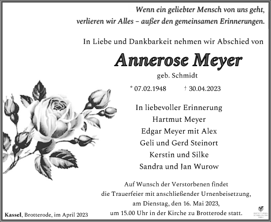 Todesanzeige von Annerose Meyer von HNA