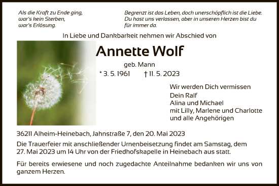 Todesanzeige von Annette Wolf von HNA