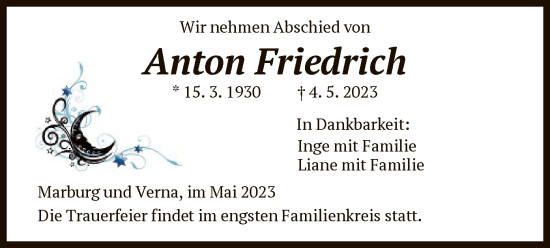 Todesanzeige von Anton Friedrich von HNA