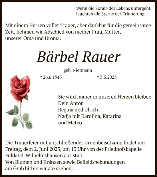 Todesanzeige von Bärbel Rauer von HNA