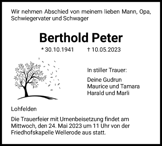 Todesanzeige von Berthold Peter von HNA