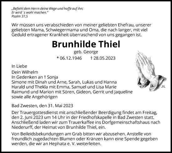 Todesanzeige von Brunhilde Thiel von HNA