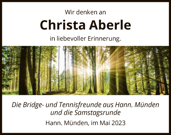 Todesanzeige von Christa Aberle von HNA