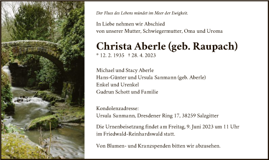 Todesanzeige von Christa Aberle von HNA