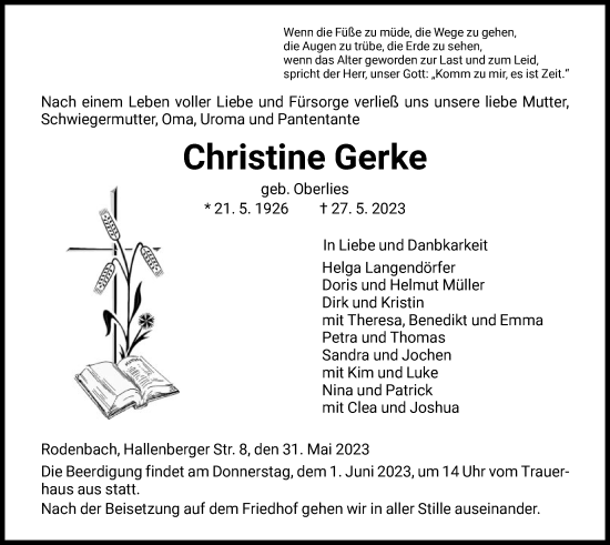 Todesanzeige von Christine Gerke von HNA