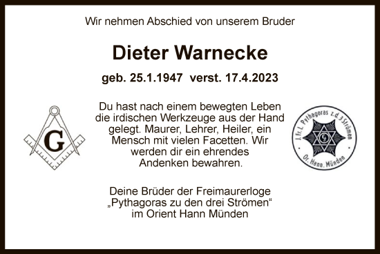 Todesanzeige von Dieter Warnecke von HNA
