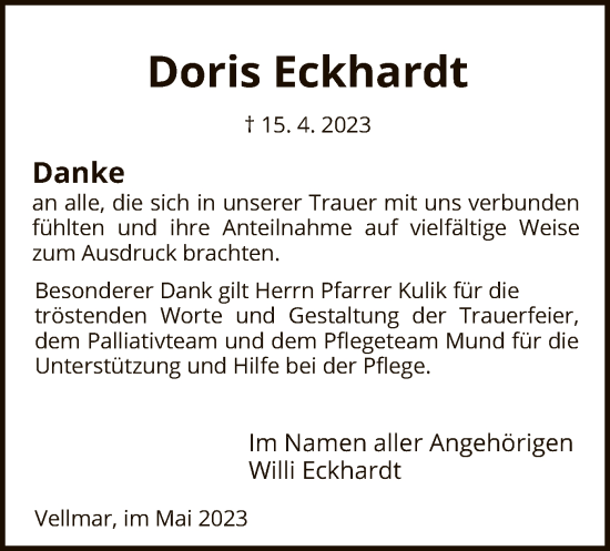 Todesanzeige von Doris Eckhardt von HNA