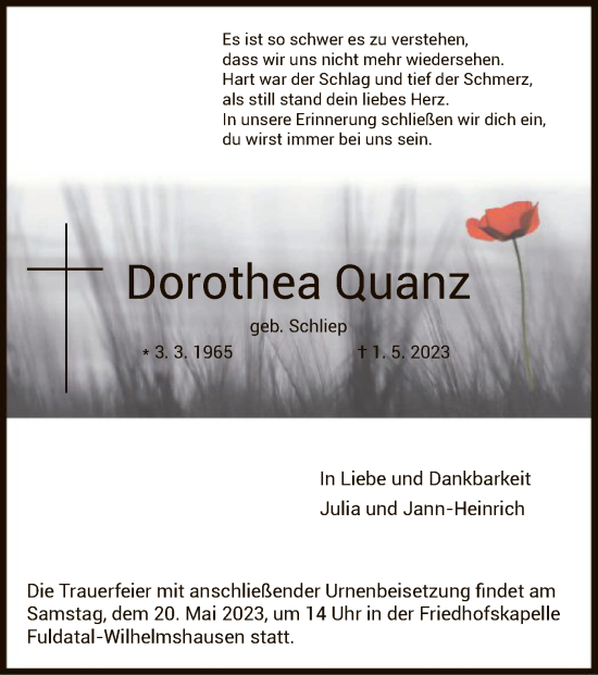 Todesanzeige von Dorothea Quanz von HNA