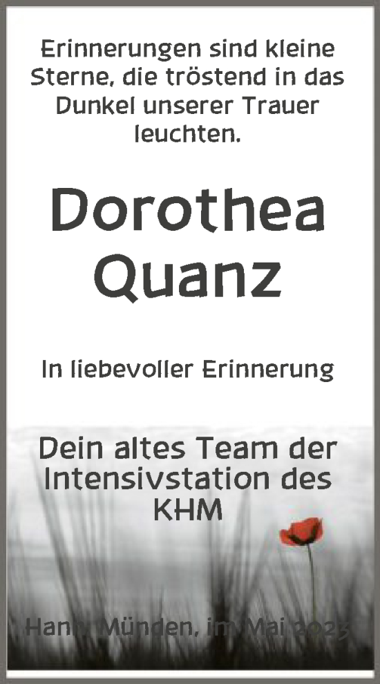 Todesanzeige von Dorothea Quanz von HNA