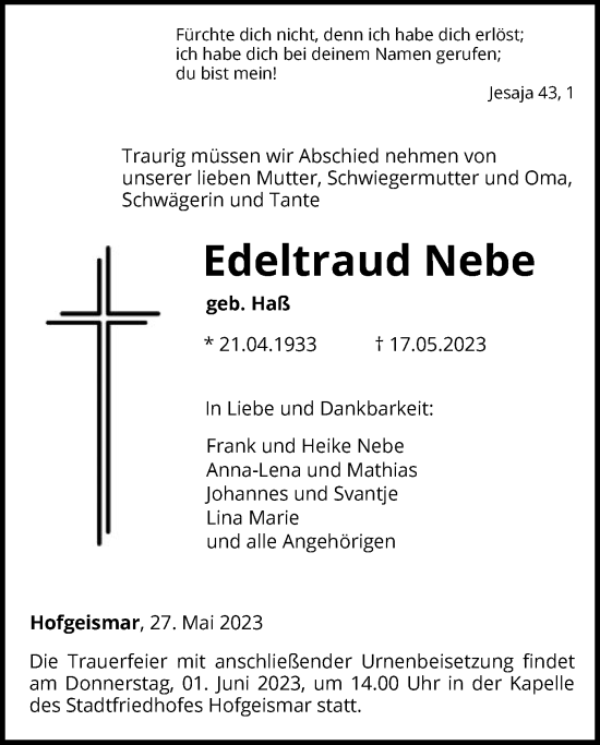 Todesanzeige von Edeltraud Nebe von HNA