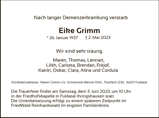 Todesanzeige von Eike Grimm von HNA