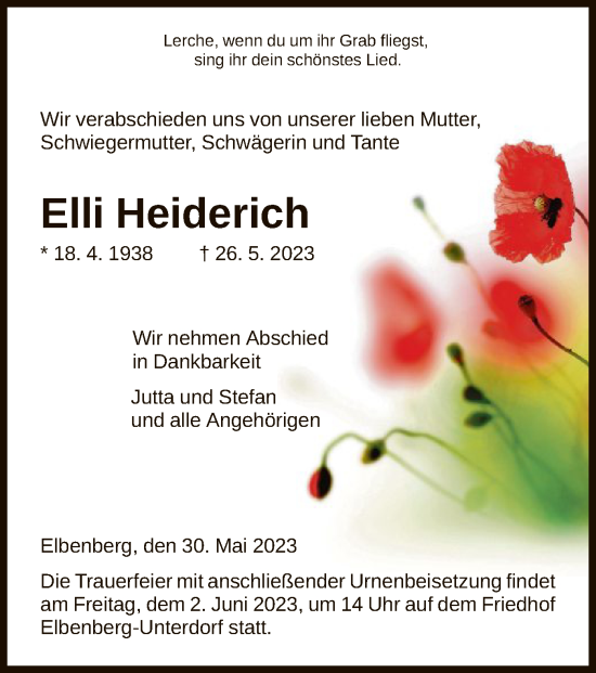 Todesanzeige von Elli Heiderich von HNA