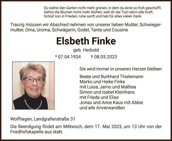 Todesanzeige von Elsbeth Finke von HNA