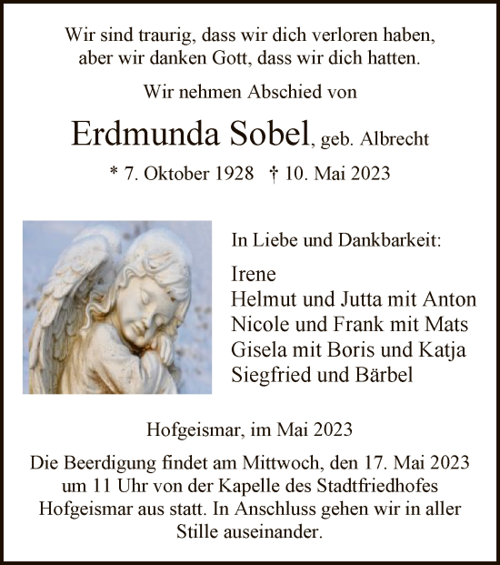 Todesanzeige von Erdmunda Sobel von HNA