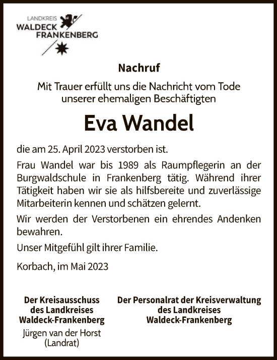 Todesanzeige von Eva Wandel von HNA
