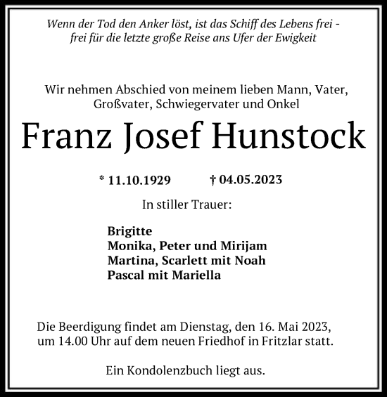 Todesanzeige von Franz Josef Hunstock von HNA