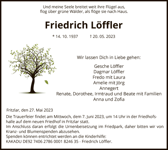 Todesanzeige von Friedrich Löffler von HNA