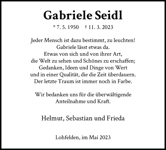 Todesanzeige von Gabriele Seidl von HNA