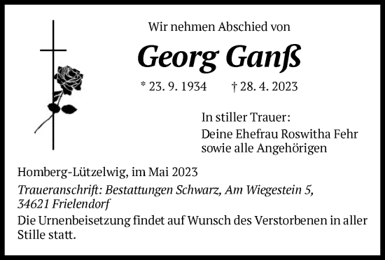 Todesanzeige von Georg Ganß von HNA