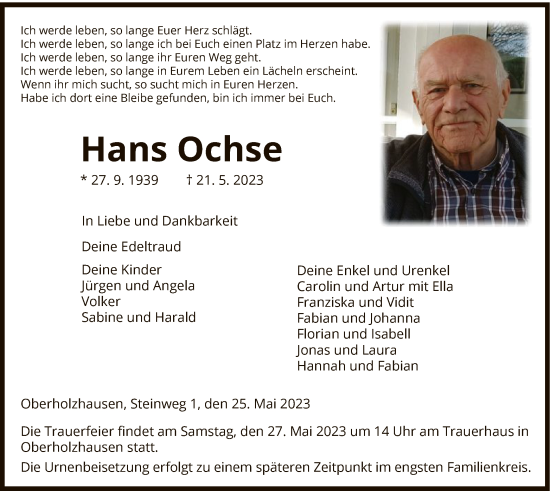 Todesanzeige von Hans Ochse von HNA