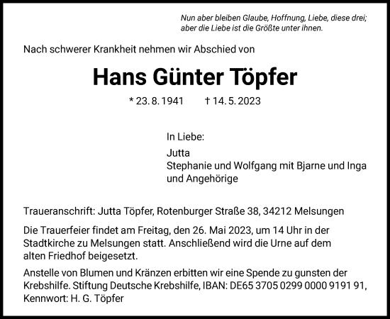 Todesanzeige von Hans Günter Töpfer von HNA