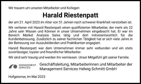 Todesanzeige von Harald Riestenpatt von HNA