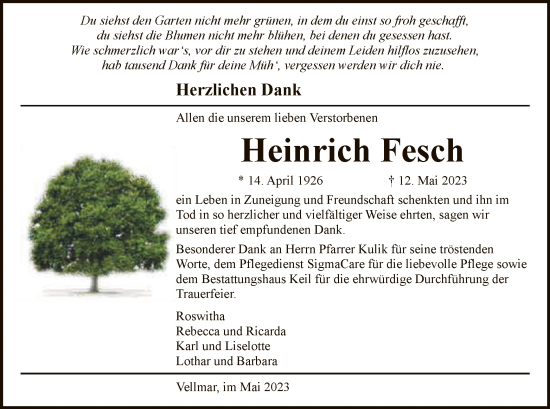 Todesanzeige von Heinrich Fesch von HNA
