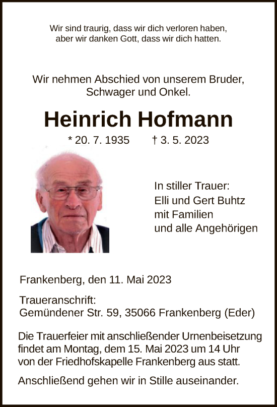 Todesanzeige von Heinrich Hofmann von HNA