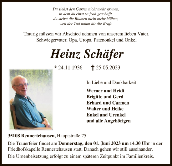 Todesanzeige von Heinz Schäfer von HNA