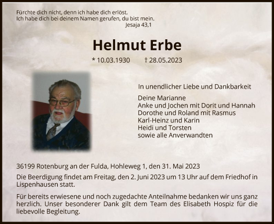 Todesanzeige von Helmut Erbe von HNA