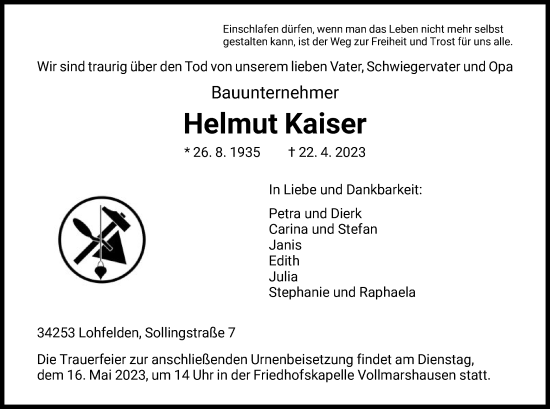 Todesanzeige von Helmut Kaiser von HNA