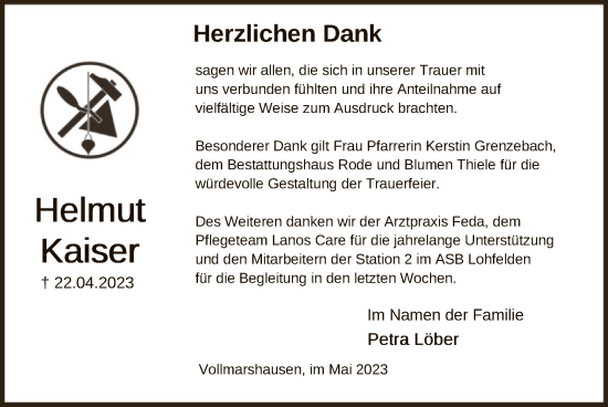 Todesanzeige von Helmut Kaiser von HNA