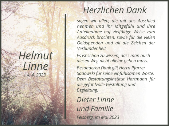 Todesanzeige von Helmut Linne von HNA