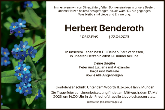 Todesanzeige von Herbert Benderoth von HNA