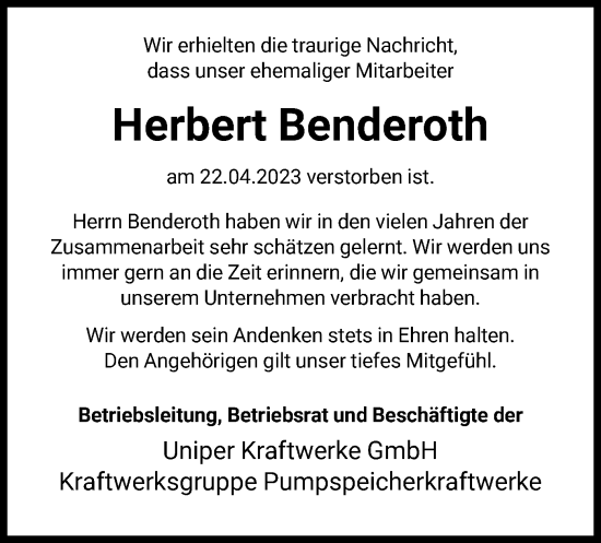 Todesanzeige von Herbert Benderoth von HNA