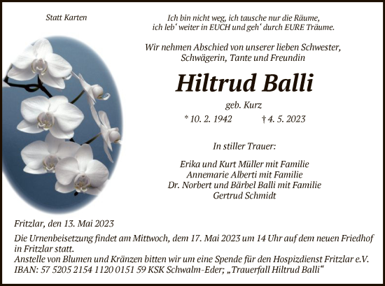 Todesanzeige von Hiltrud Balli von HNA