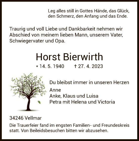 Todesanzeige von Horst Bierwirth von HNA