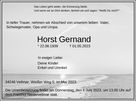 Todesanzeige von Horst Gernand von HNA