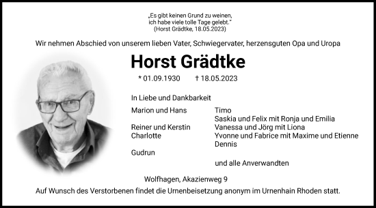 Todesanzeige von Horst Grädtke von HNA