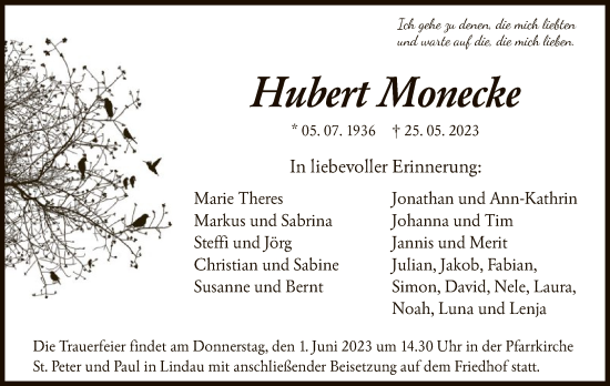 Todesanzeige von Hubert Monecke von HNA