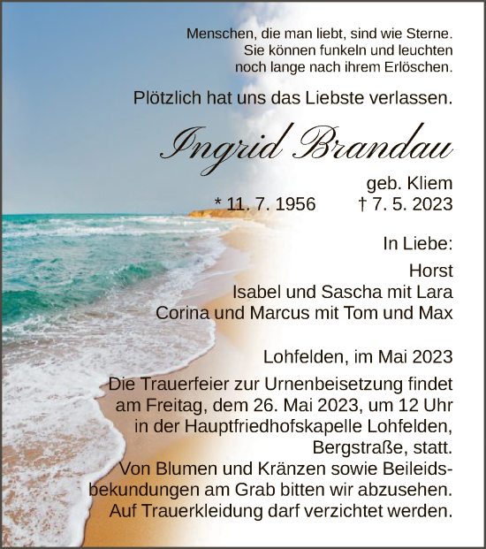 Todesanzeige von Ingrid Brandau von HNA