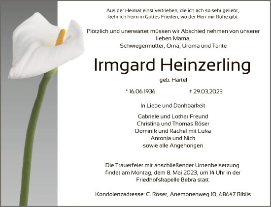 Todesanzeige von Irmgard Heinzerling von HNA