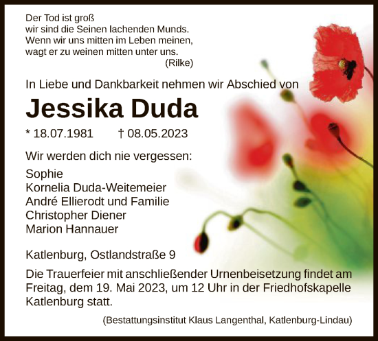 Todesanzeige von Jessika Duda von HNA
