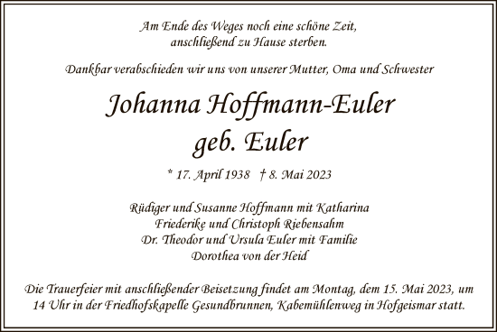 Todesanzeige von Johanna Hoffmann-Euler von HNA