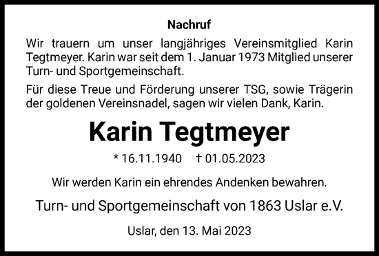 Todesanzeige von Karin Tegtmeyer von HNA