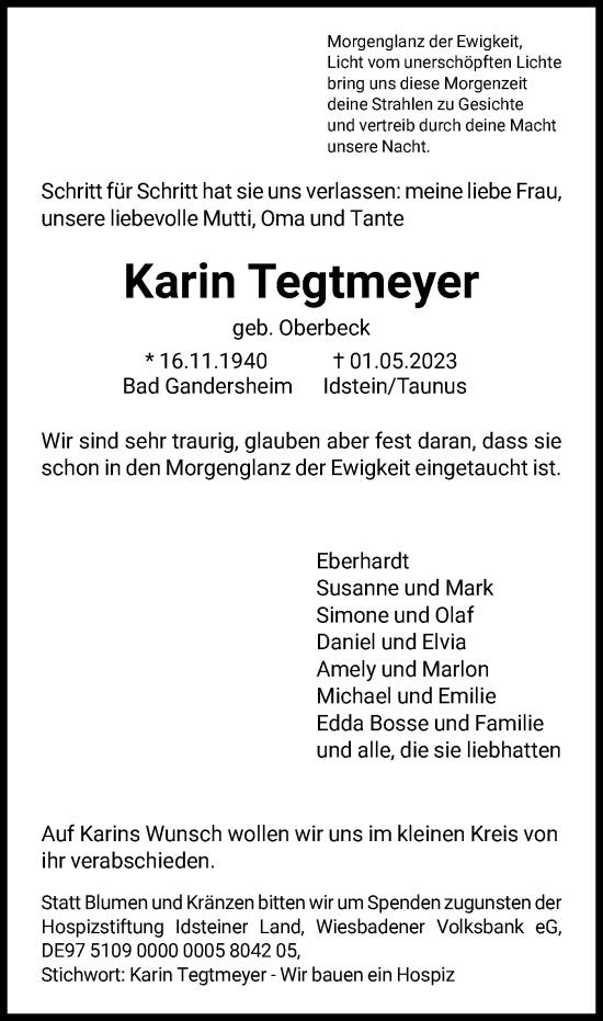 Todesanzeige von Karin Tegtmeyer von HNA