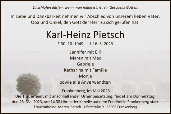 Todesanzeige von Karl-Heinz Pietsch von HNA