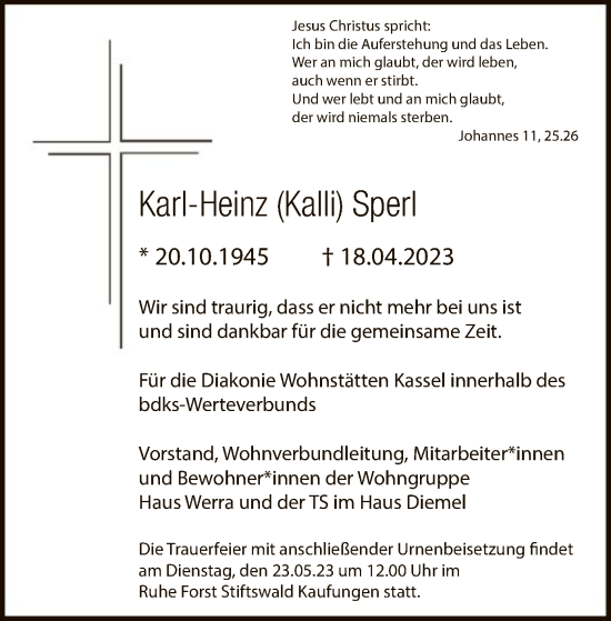 Todesanzeige von Karl-Heinz Sperl von HNA