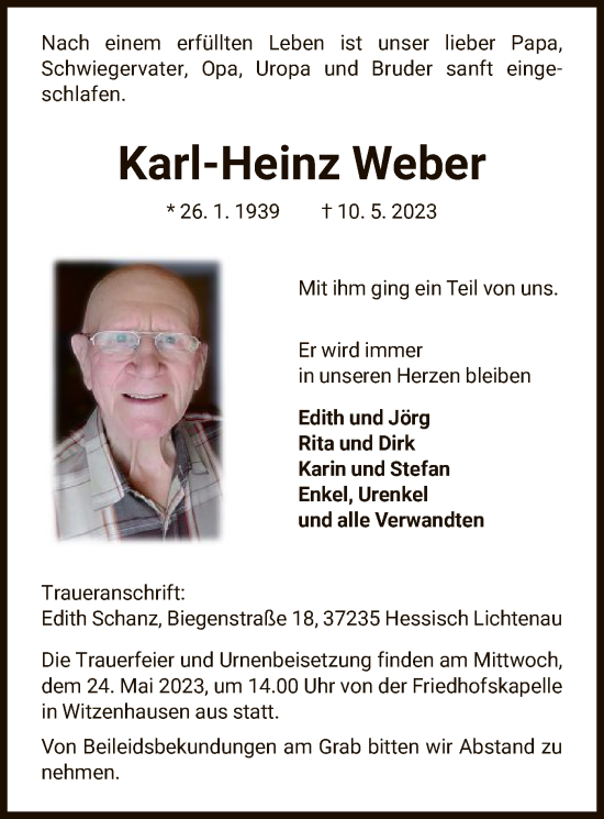 Todesanzeige von Karl-Heinz Weber von HNA